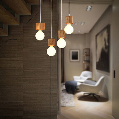 Minimalist Square Wooden Hanging 1-Light Pendant Light