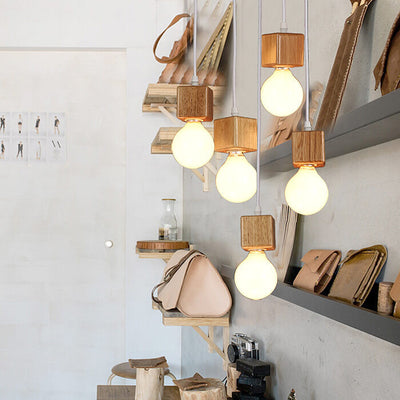 Minimalist Square Wooden Hanging 1-Light Pendant Light