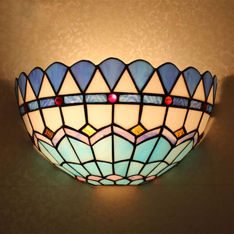 European Tiffany Stained Glass Bowl Shape 1-Light Wall Sconce Lamp