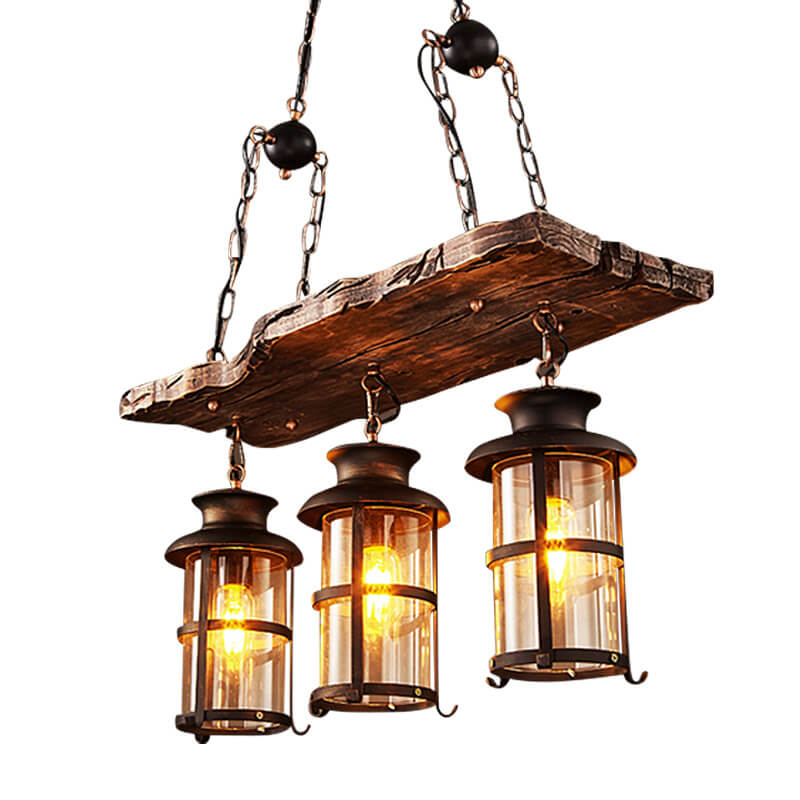 Industrielle Holz 3-Licht Metallkäfig-Laternen-Kronleuchter 