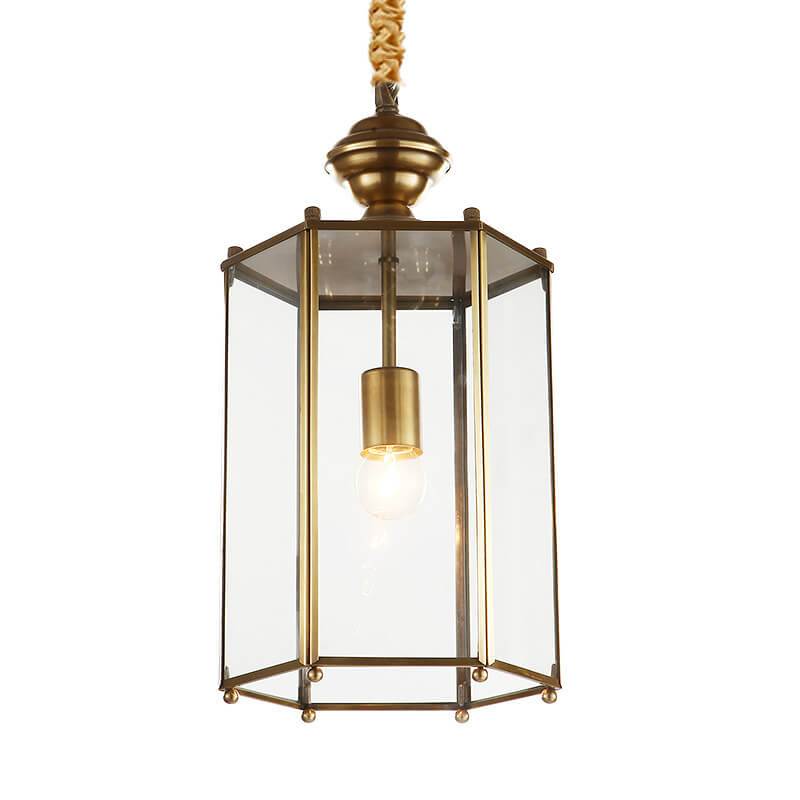 Vintage Brass Glass Cylinder Shade 1-Light Hanging Lantern Pendant Light