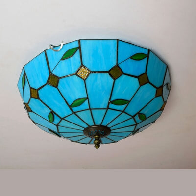 Tiffany Blue Mediterranean Stained Glass 3-Light Flush Mount Ceiling Light