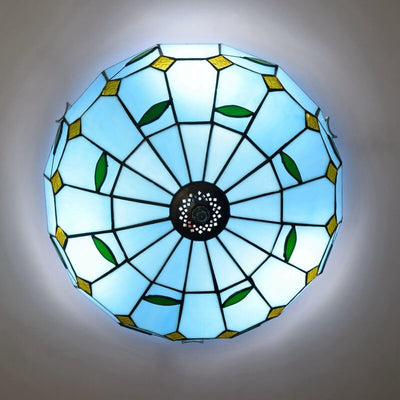 Luz de techo empotrada de 3 luces con vidrieras mediterráneas azul Tiffany 