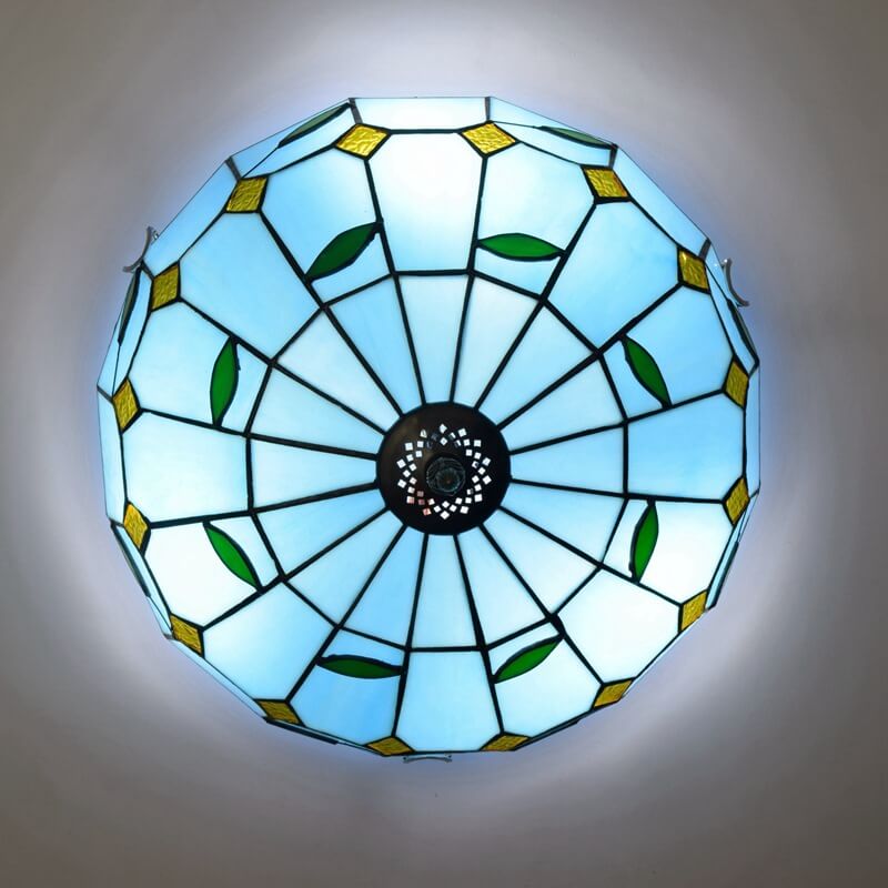 Luz de techo empotrada de 3 luces con vidrieras mediterráneas azul Tiffany 