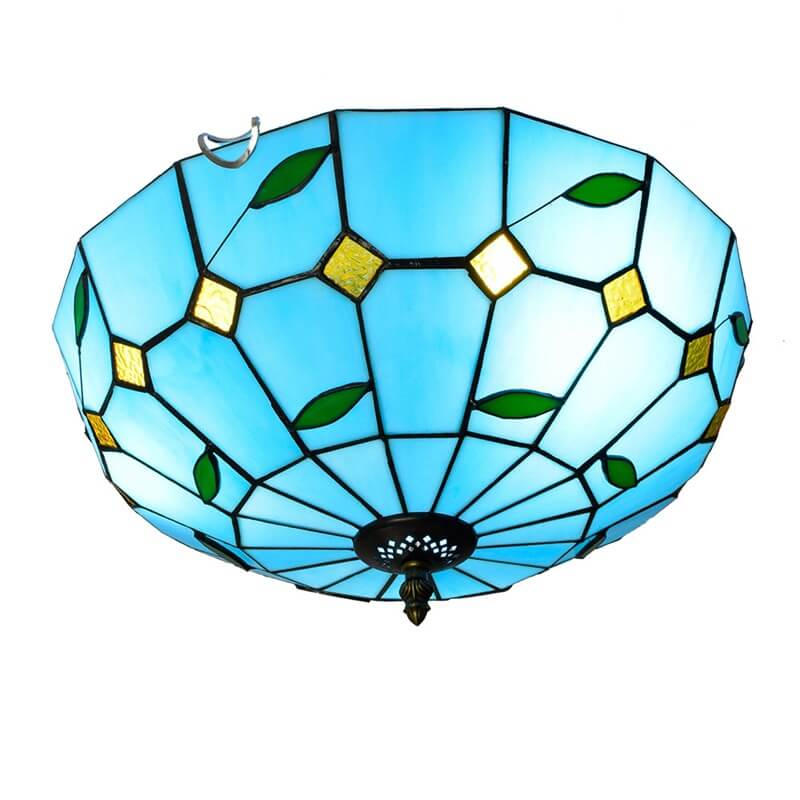 Luz de techo empotrada de 3 luces con vidrieras mediterráneas azul Tiffany 