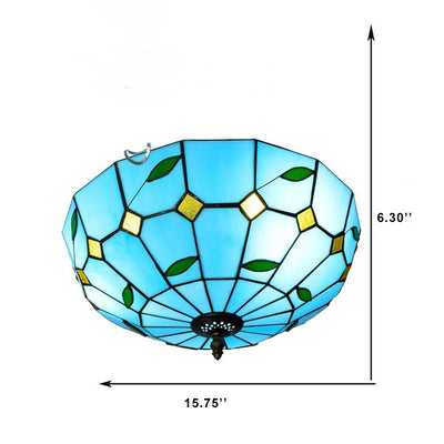 Tiffany Blue Mediterranean Stained Glass 3-Light Flush Mount Ceiling Light