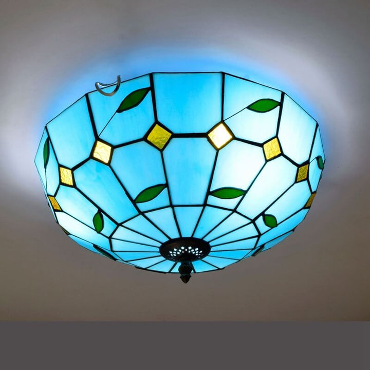 Tiffany Blau Mediterranes Buntglas 3-Licht Deckenleuchte 