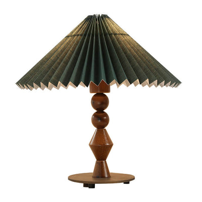 Vintage Dark Green Pleated Solid Wood Base 1-Light Table Lamp