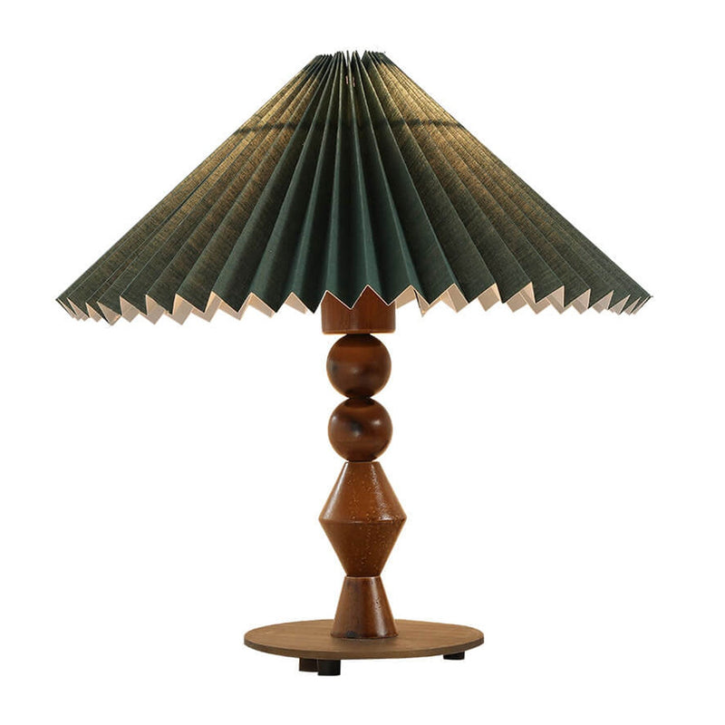 Vintage Dark Green Pleated Solid Wood Base 1-Light Table Lamp