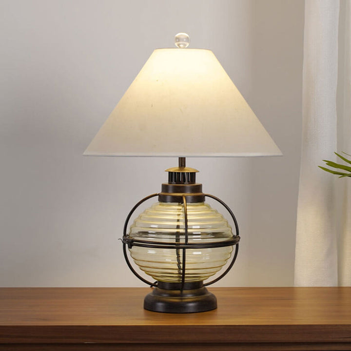 Lámpara de mesa de 1 luz con diseño de caballo tradicional vintage en hierro y vidrio con pantalla de tela para sala de estar y dormitorio 