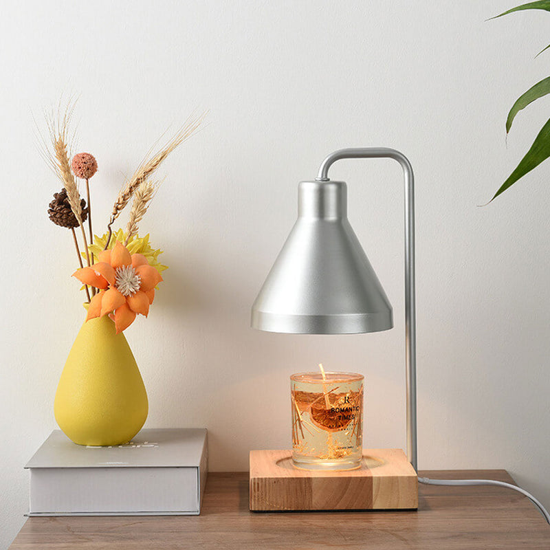 Lampe de table à cire fondante à 2 lumières avec abat-jour conique simple et base en bois 