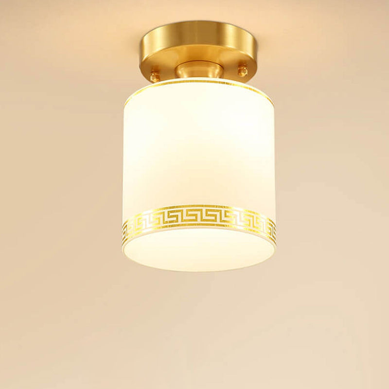 Modern Chinese Full Brass Glass Cylindrical 1-Light Semi-Flush Mount Ceiling Light