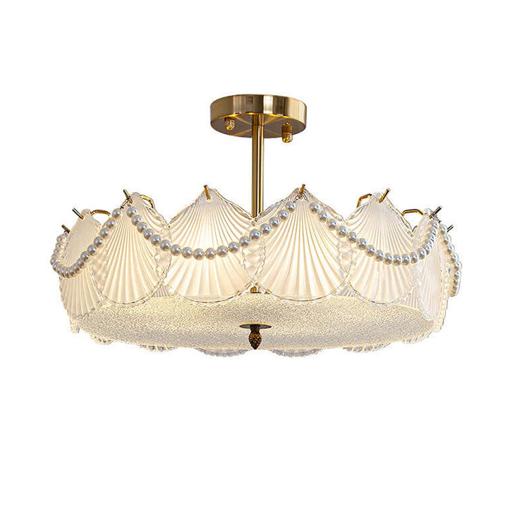Lustre rond en coquillage de luxe léger français avec perles de verre, 5/6/8 lumières 