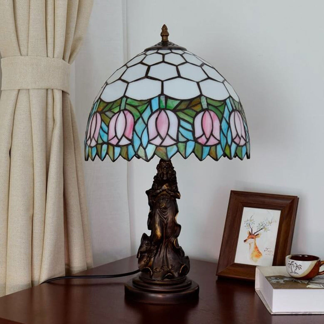 Lámpara de Mesa de 1 Luz con Base de Ángel de Vidrio Tiffany Tulip Vintage 