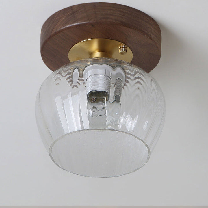 Luz de techo semiempotrada de 1 luz con base de madera y vidrio moderno en forma de cúpula 