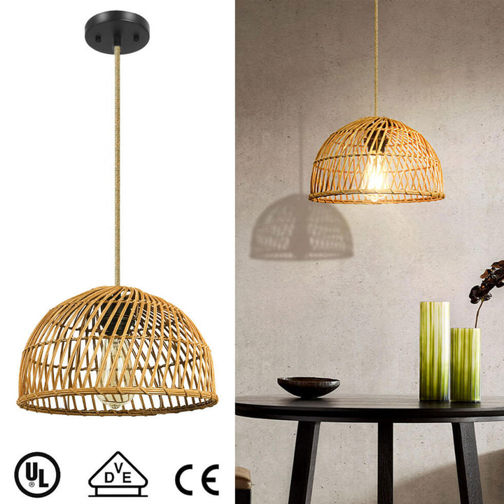 Suspension Luminaire à 1 Lumière en Rotin Vintage Tressé en Dôme 