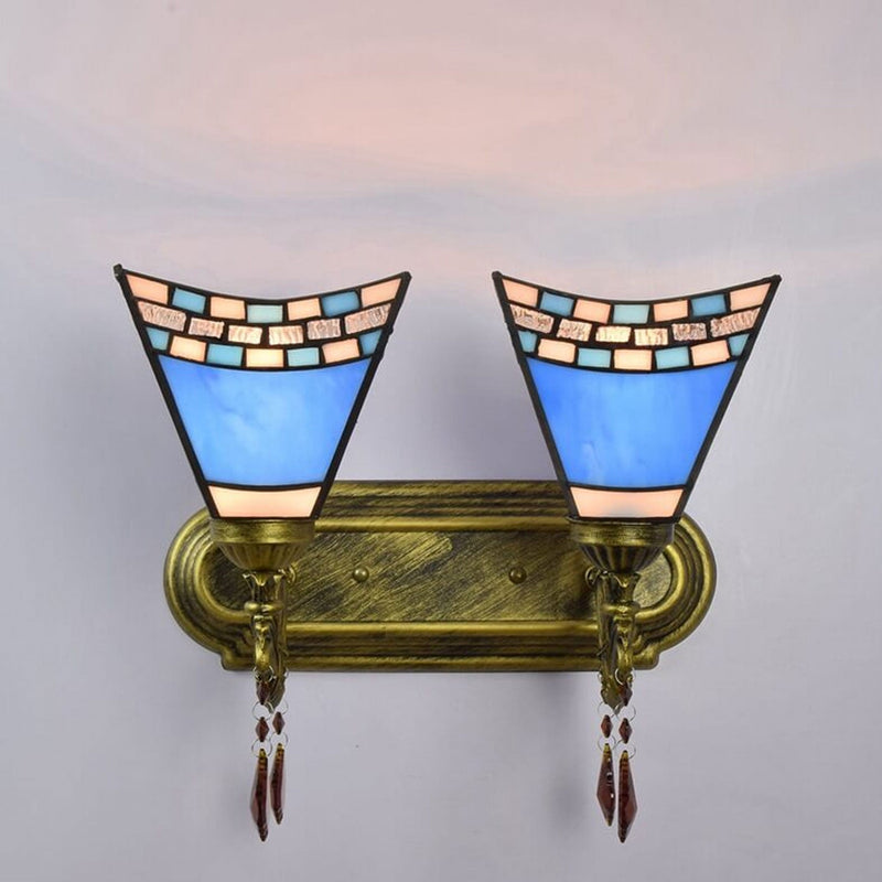 European Creative Tiffany Blue Glass Crystal 2-Light Wall Sconce Lamp