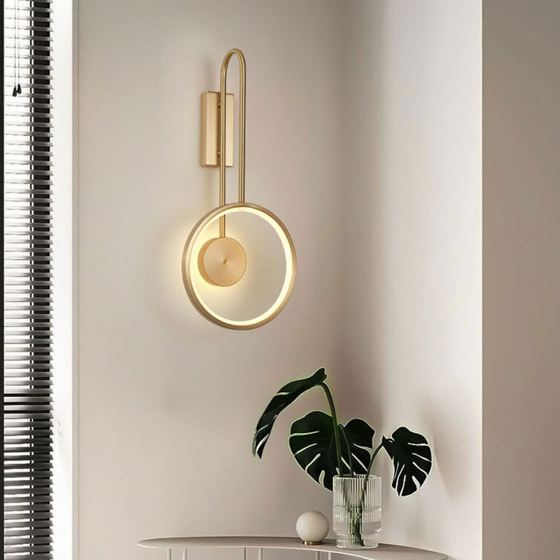 Light Luxury Full Copper Circle Curved Arm LED Wall Sconce Lamp