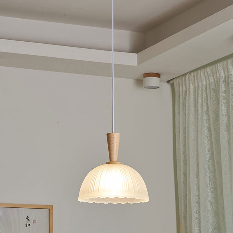 Modern Minimalist Textured Dome Glass Wood  Handle 1-Light Pendant Light