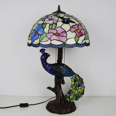 Tiffany Classical Flower Stained Glass Peacock Base 3-Light Table Lamp