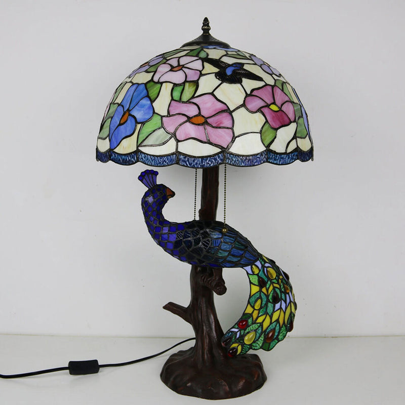 Tiffany Classical Flower Stained Glass Peacock Base 3-Light Table Lamp