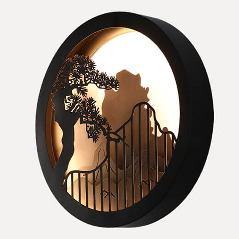 Applique murale LED extérieure ronde Zen paysage chinois moderne en pin 