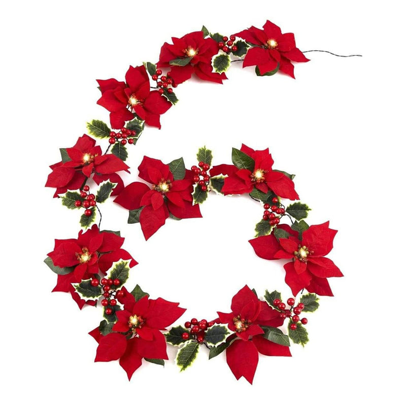 Guirlande lumineuse LED fleur rouge de Noël en faux velours avec fruits 