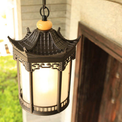 Retro Chinese Outdoor Waterproof Hexagonal Lantern 1-Light Patio Pendant Light