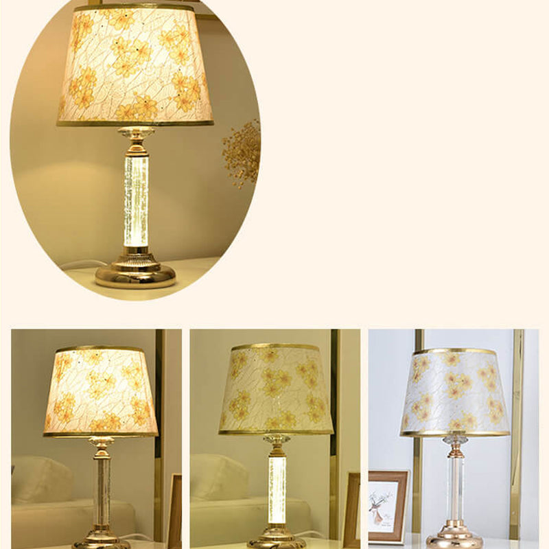 European Floral Fabric Shade Crystal Lamp Base 1-Light Table Lamp