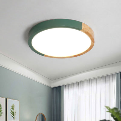Nordic Minimalist Rubber Wood Wrought Iron Round LED Flush Mount Ceiling Light