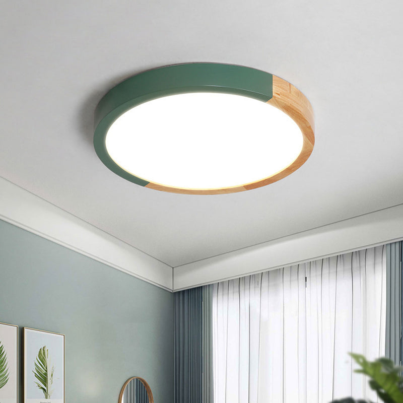 Nordic Minimalist Rubber Wood Wrought Iron Round LED Flush Mount Ceiling Light