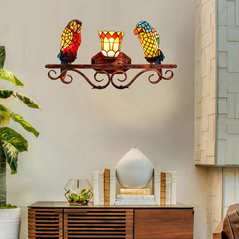 Traditional Tiffany European Retro Parrot Decorative 3-Light Wall Sconce Lamp