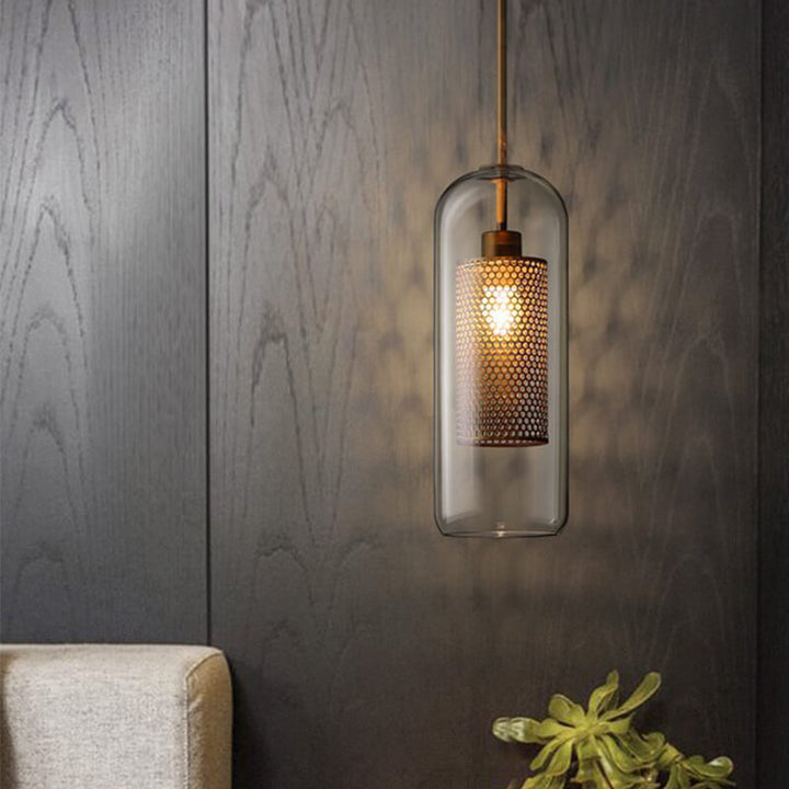 Luminaire suspendu cylindrique à 1 lumière en verre transparent
