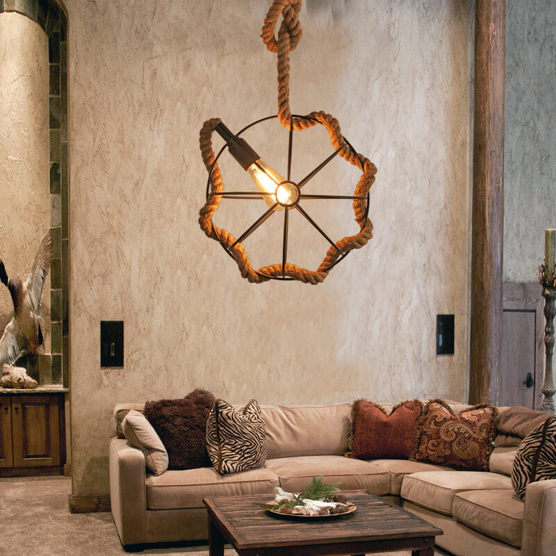 Suspension Luminaire à Une Lumière en Corde de Chanvre et Boule en Fer Forgé 