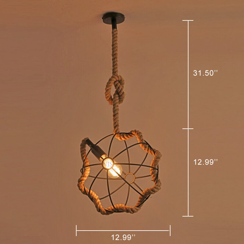Suspension Luminaire à Une Lumière en Corde de Chanvre et Boule en Fer Forgé 