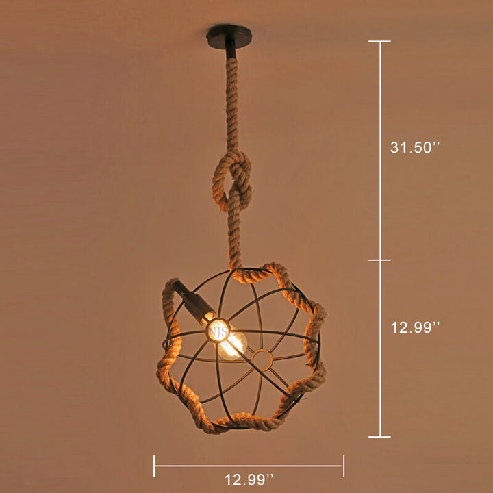 Suspension Luminaire à Une Lumière en Corde de Chanvre et Boule en Fer Forgé 