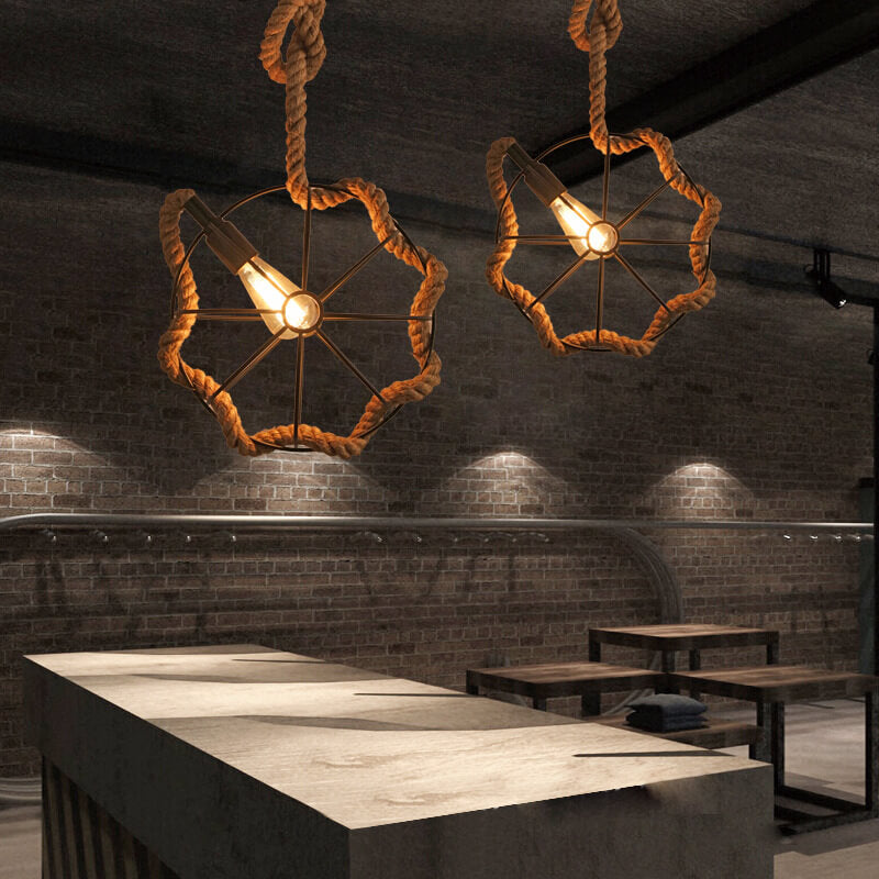 Suspension Luminaire à Une Lumière en Corde de Chanvre et Boule en Fer Forgé 