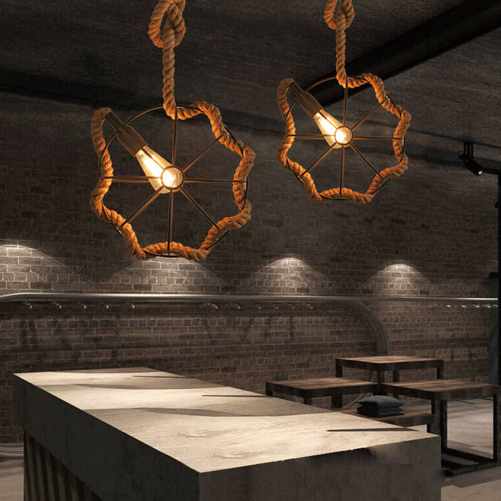 Suspension Luminaire à Une Lumière en Corde de Chanvre et Boule en Fer Forgé 