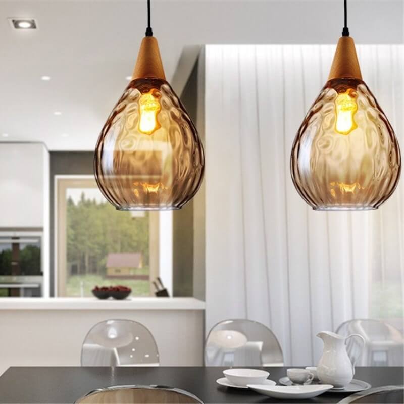 Moderne minimalistische runde Pendelleuchte mit 1 Flamme aus Holzglas mit Wasserwellenstruktur für das Schlafzimmer 