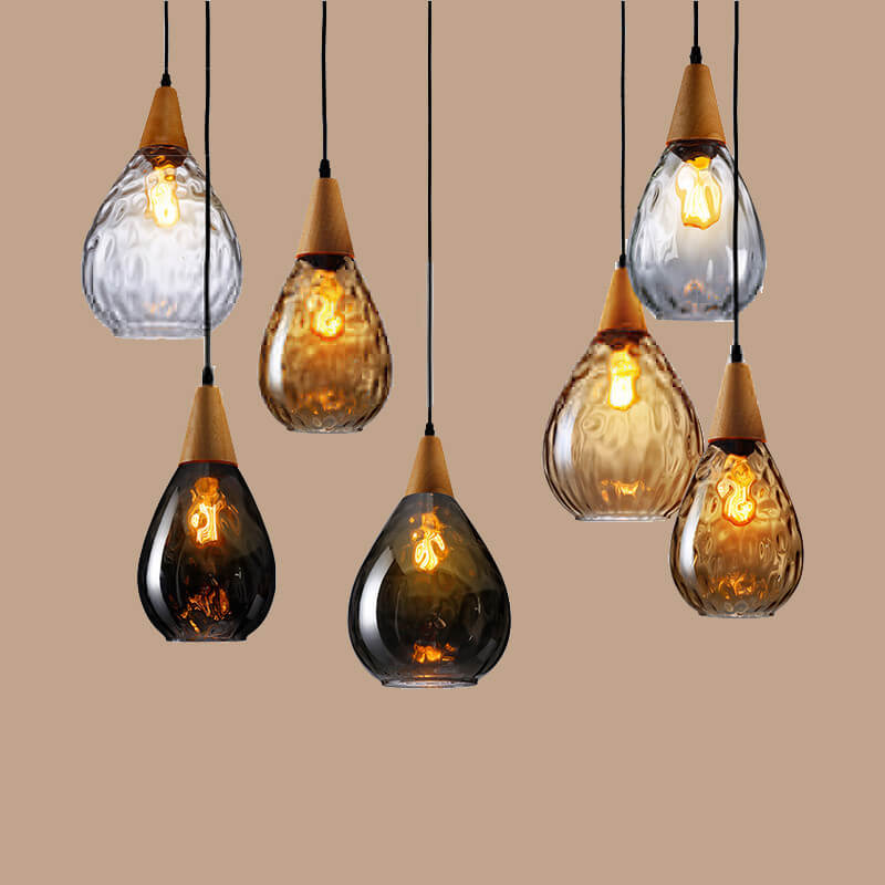 Moderne minimalistische runde Pendelleuchte mit 1 Flamme aus Holzglas mit Wasserwellenstruktur für das Schlafzimmer 