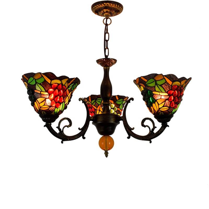 Tiffany Rustic Fruits Buntglas-Kronleuchter mit 3 Leuchten 