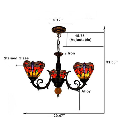 European Tiffany Red Dragonfly Stained Glass 3-Light Chandelier