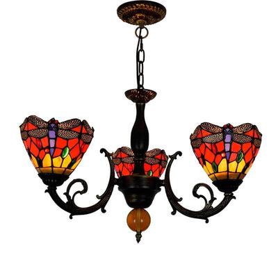 European Tiffany Red Dragonfly Stained Glass 3-Light Chandelier