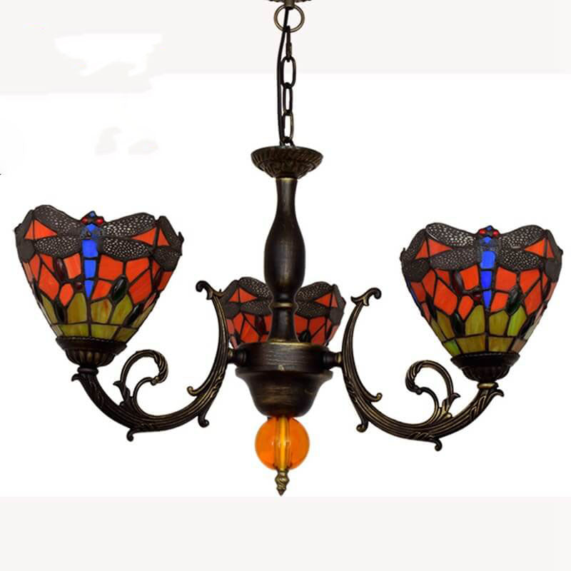 European Tiffany Red Dragonfly Stained Glass 3-Light Chandelier