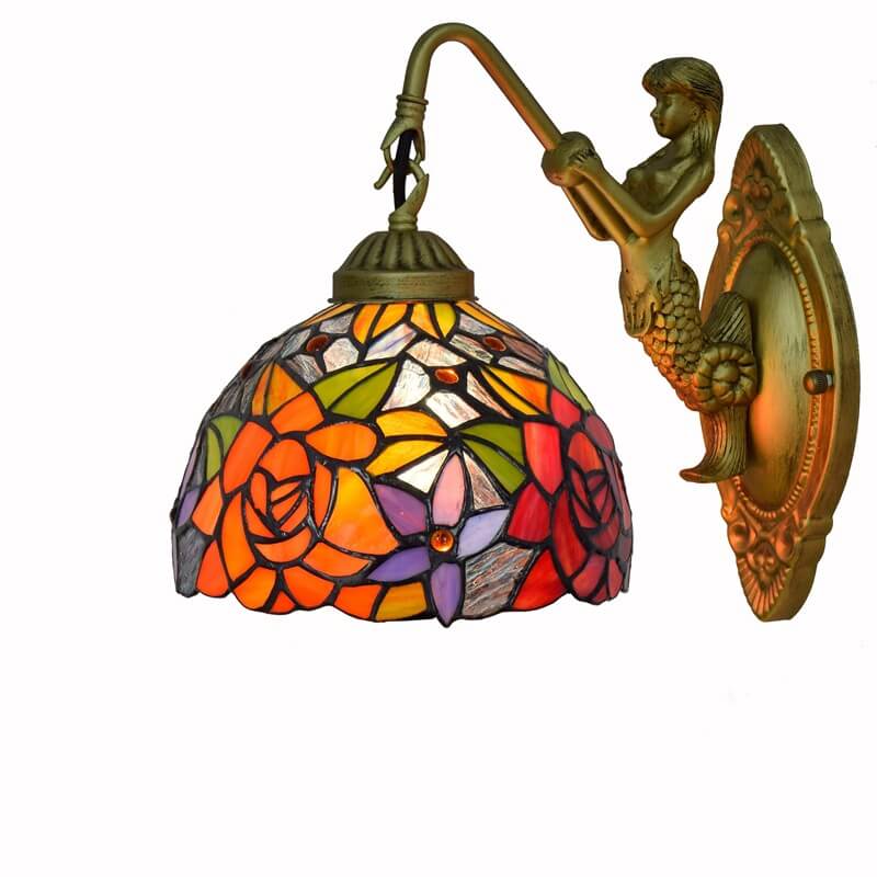 Vintage Tiffany Stained Glass Rose 1-Light Wall Sconce Lamp