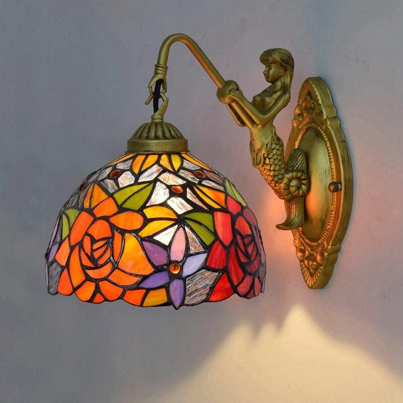 Vintage Tiffany Stained Glass Rose 1-Light Wall Sconce Lamp
