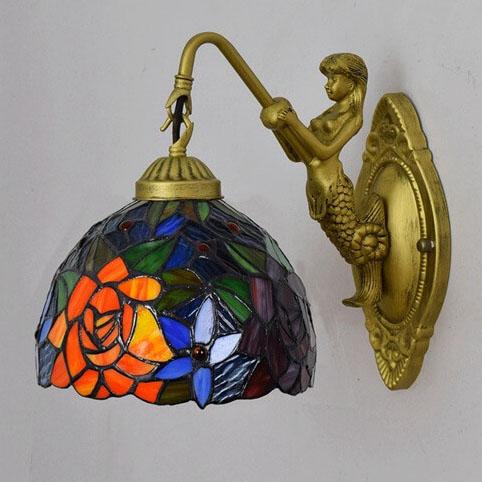 Vintage Tiffany Stained Glass Rose 1-Light Wall Sconce Lamp