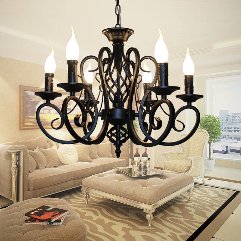 European Wrought Iron 6/8-Light Candle Chain Hanging Chandeliers