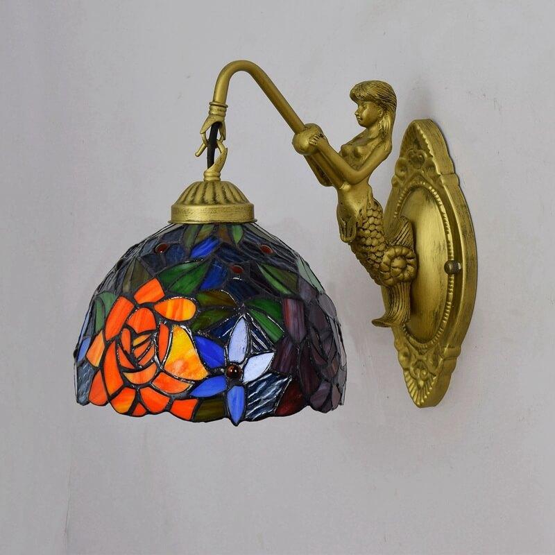 Vintage Tiffany Stained Glass Rose 1-Light Wall Sconce Lamp