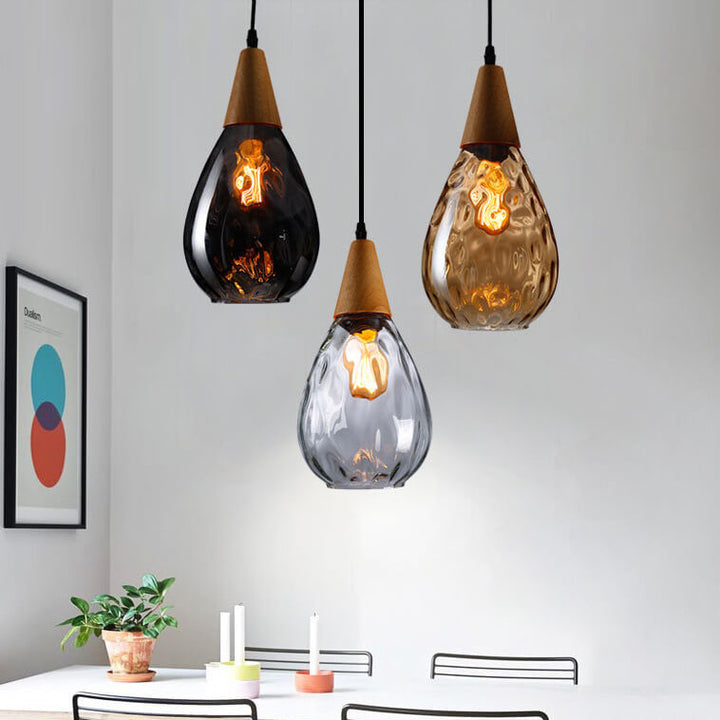 Moderne minimalistische runde Pendelleuchte mit 1 Flamme aus Holzglas mit Wasserwellenstruktur für das Schlafzimmer 